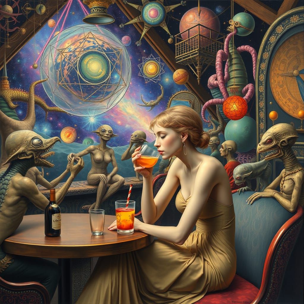 Surreal Galaxy Cafe Scene in Maximalist Art Style