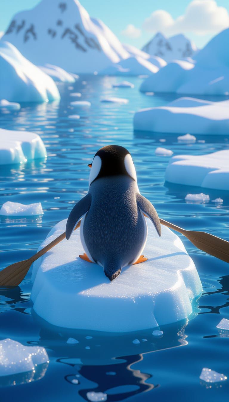 Baby Penguin Rows Iceberg Boat in Arctic Ocean