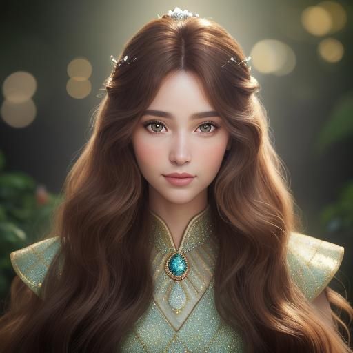 Ethereal Princess Portrait with Flowing Chestnut Hair