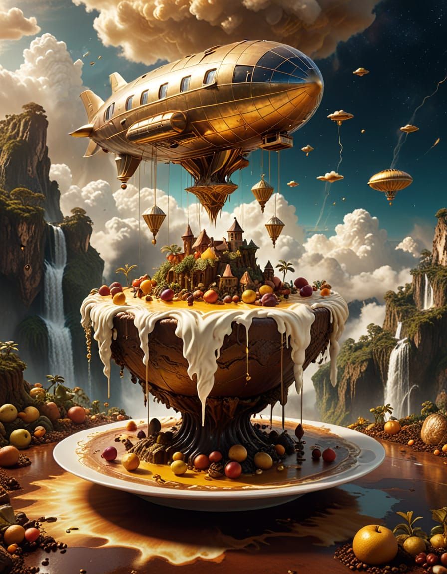 Surreal Floating Islands with Waterfalls and Airships