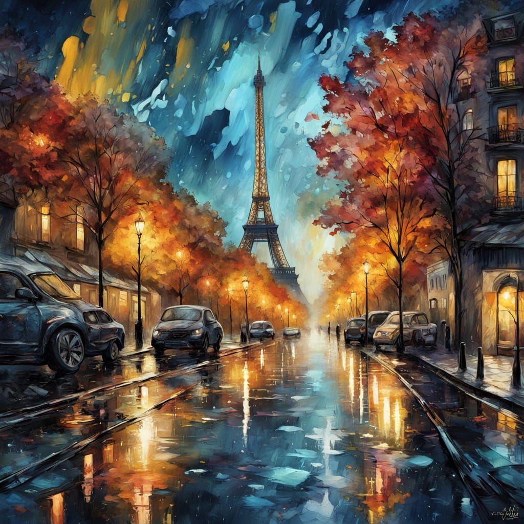 Alcohol Ink Patterns in Rainy Paris Night, Impressionist Gou...