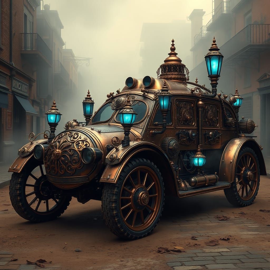 Ornate Steampunk Armored Car in Industrial Cityscape