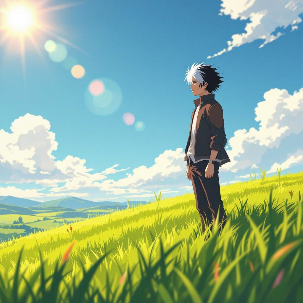 Anime Opening Scene: Man on Hill with White Black Hair
