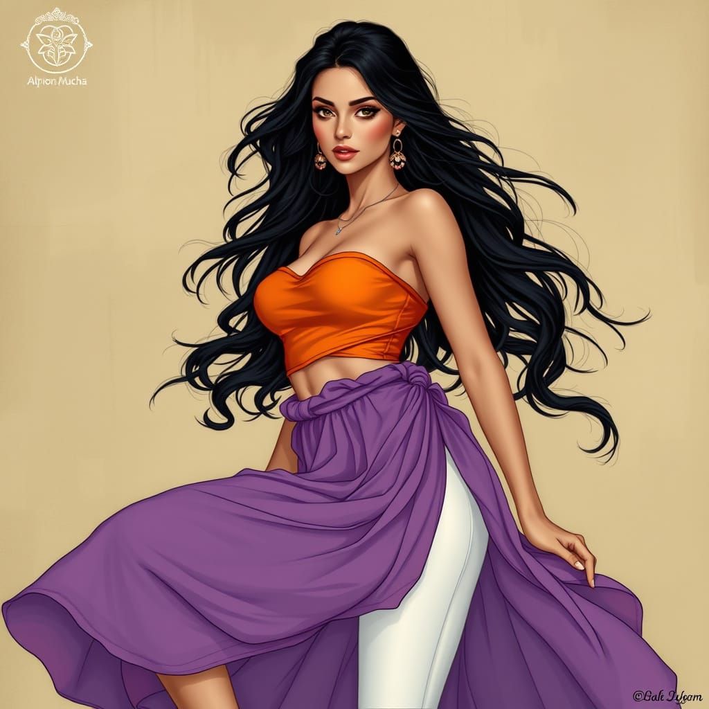 Elegant Woman in Vibrant Colors, Inspired by Art Nouveau