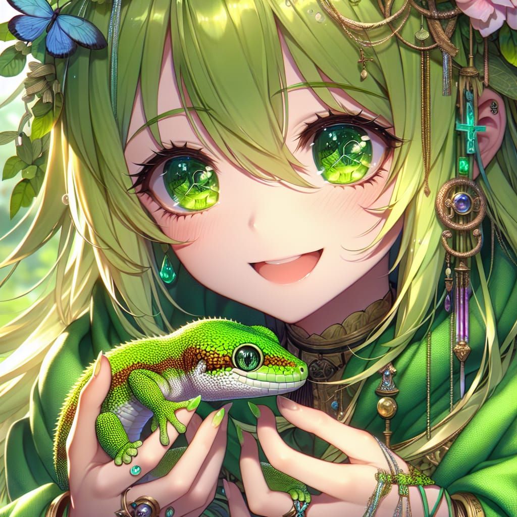 Anime Girl with Gecko in Fantastical Painting