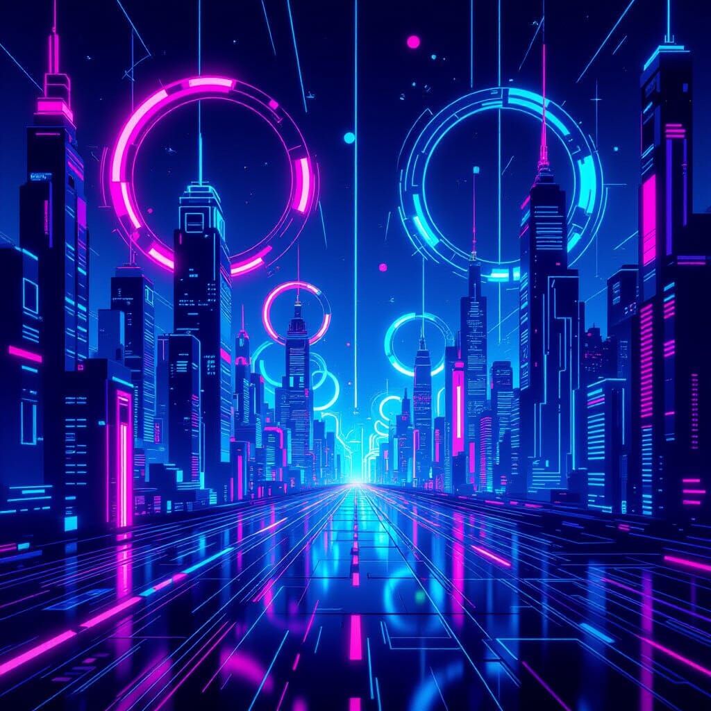 Neon Geometric Cityscape in Retro-Futuristic Style