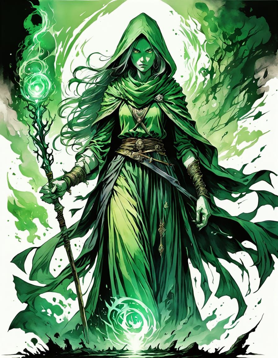 Mystical Green Sorceress in Vibrant Fantasy Art