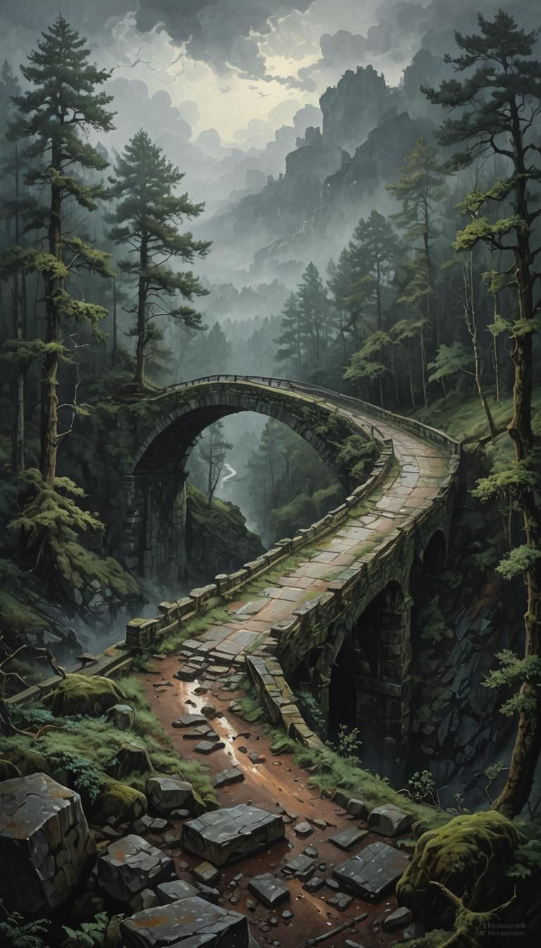 Renaissance Bridge Painting in Mysterious Atmosphere