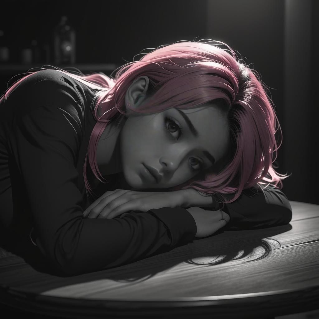 Depressed Girl with Pink Hair in Realistic Anime Style