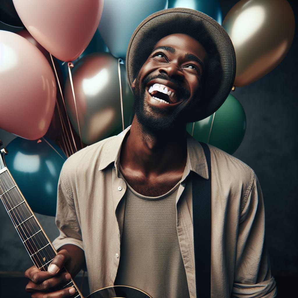 Joyful Musician Floats with Balloons in Hyperrealistic Style