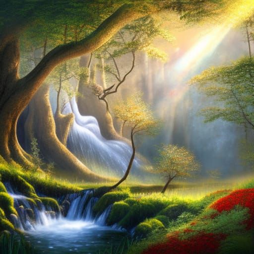 Magical Black Oak Forest by Turquoise Waterfall