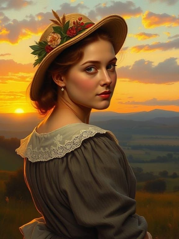 Victorian Country Woman Contemplates Sunset Valley