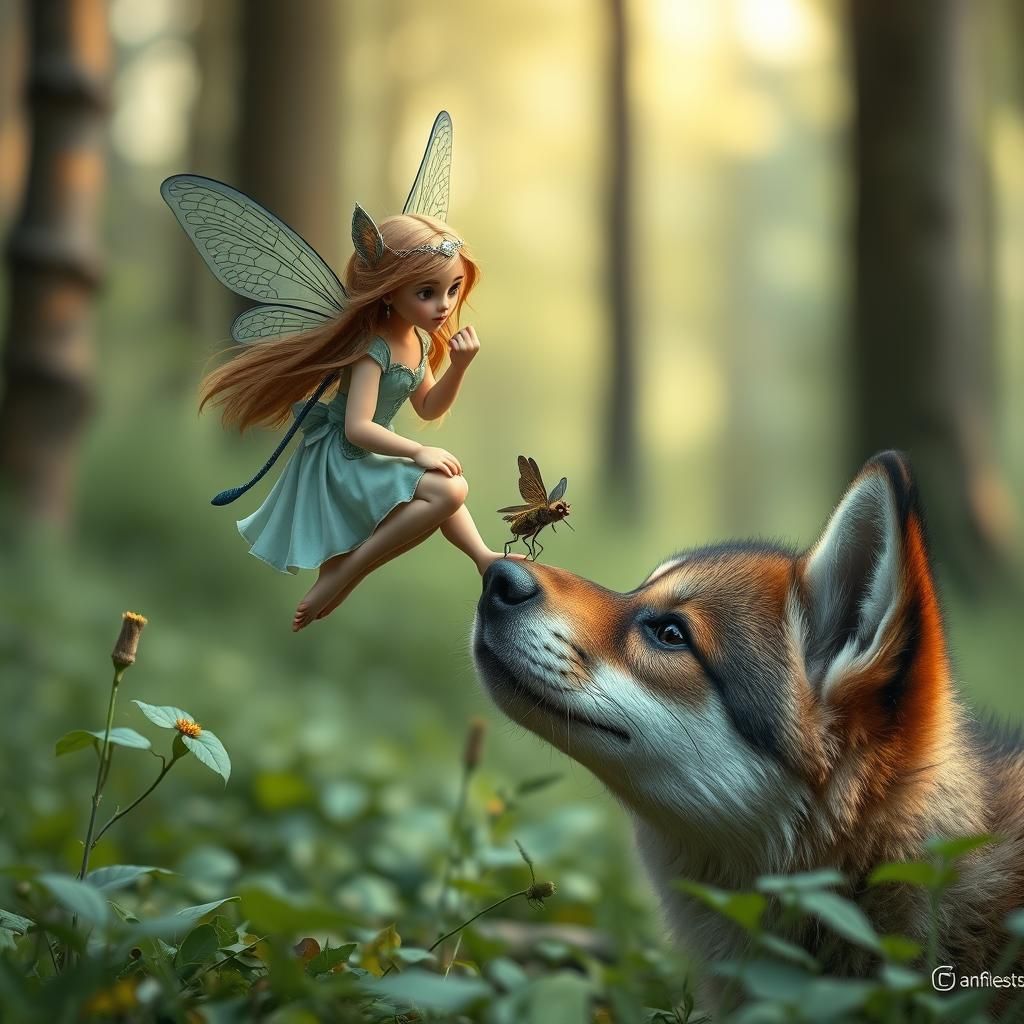 Fairy and Wolf Pup in Enchanted Forest