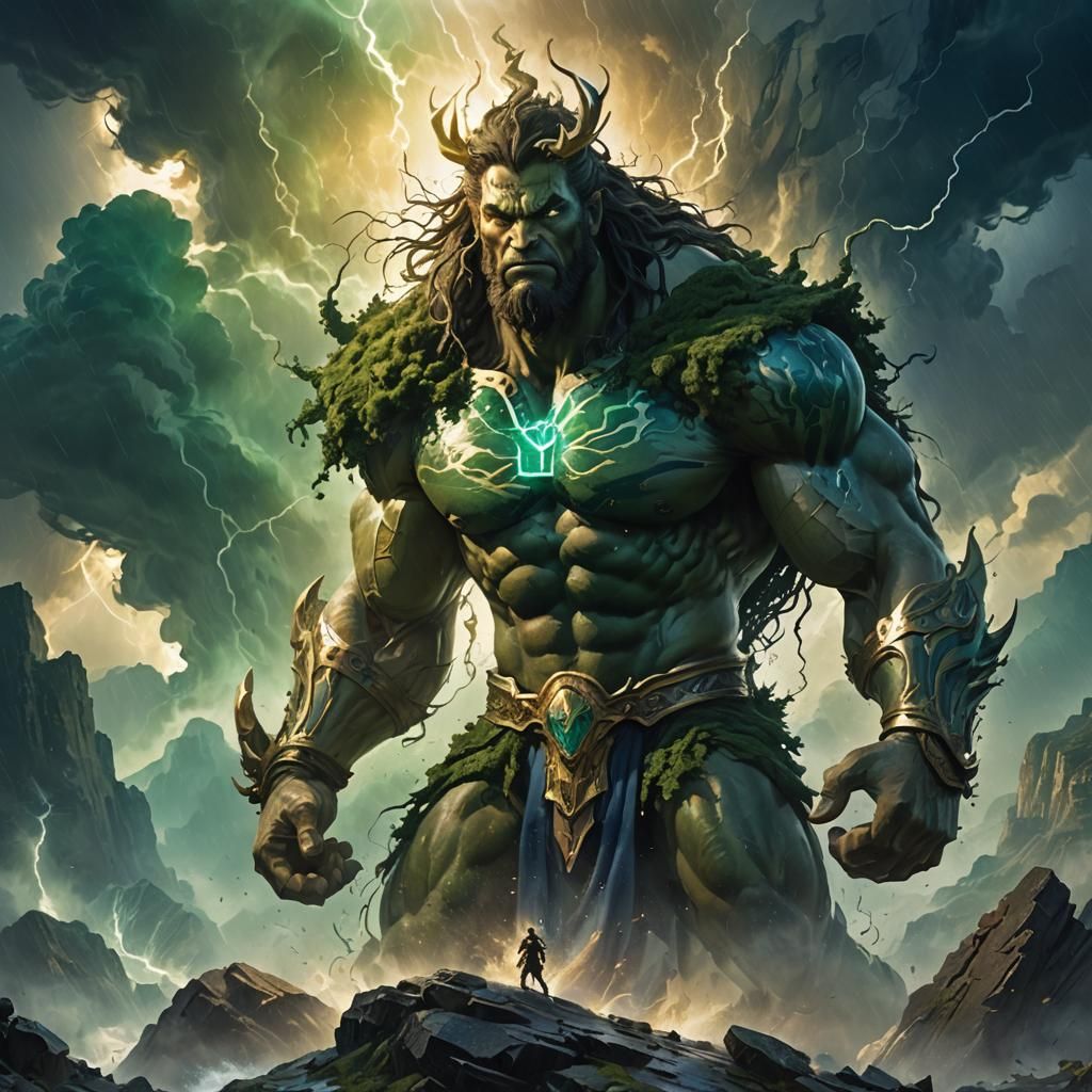Mighty God in Stormy Landscape, Fantasy Concept Art