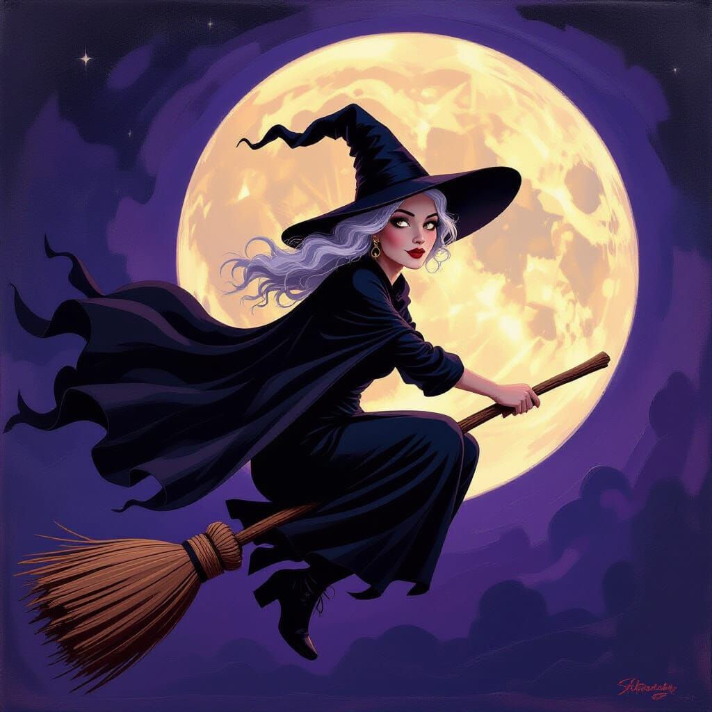 Vintage 1940s Witch Flies Under Amethyst Moon