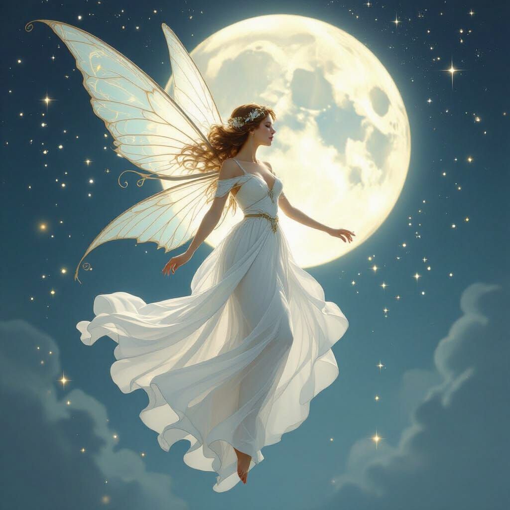 Ethereal Fairy Dancing in Moonlit Art Nouveau Scene