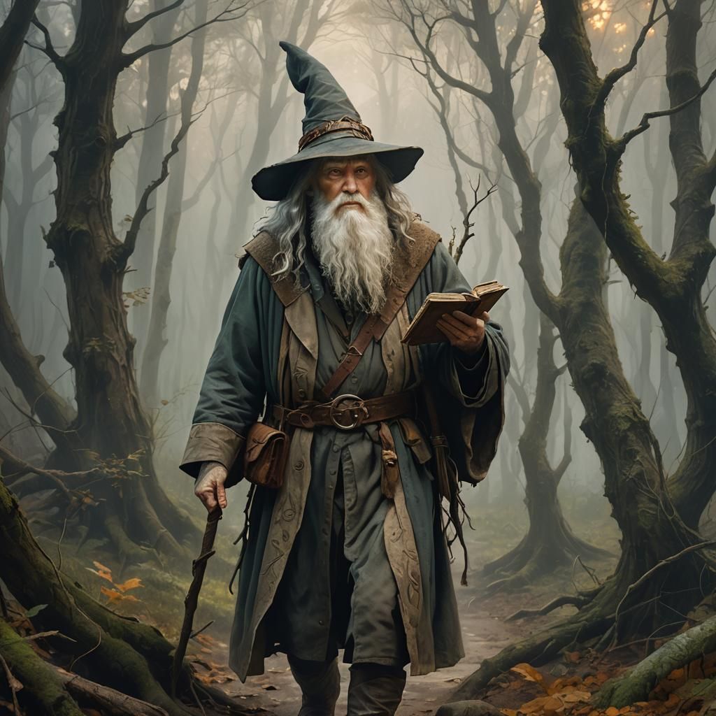 Misty Forest Wizard in Earthy Oil Painting