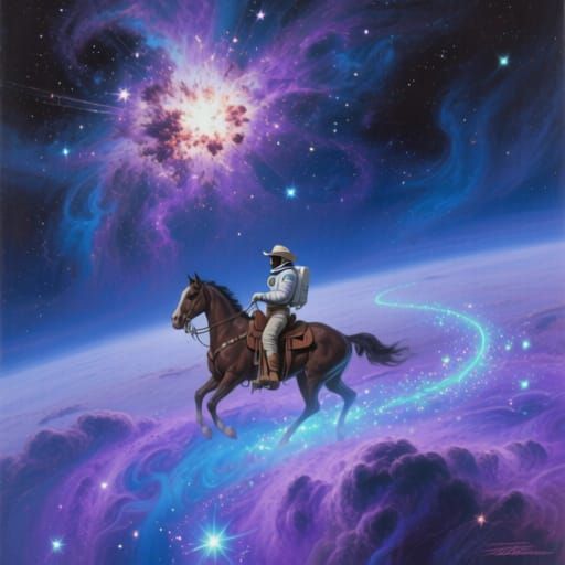 Astronaut Cowboy Rides Celestial Steed Through Nebula Sky