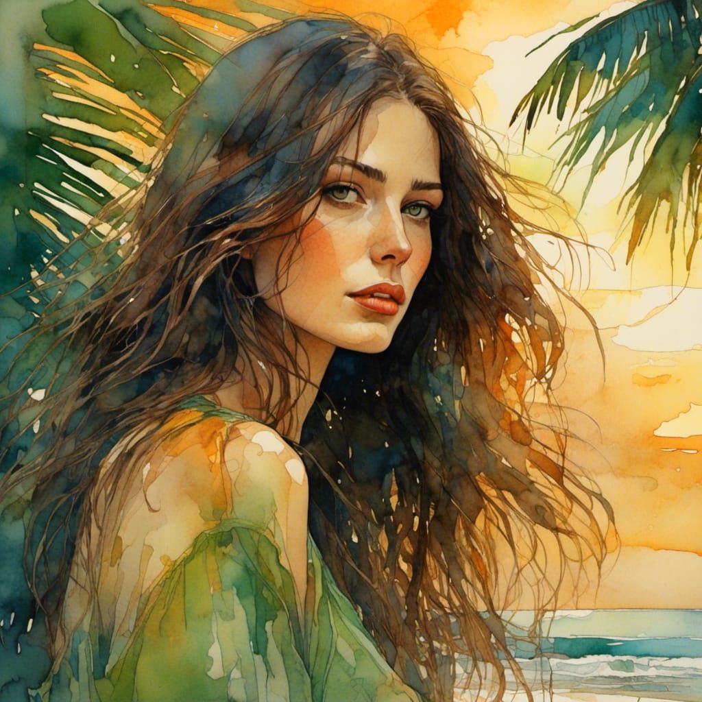 Brunette Woman on Tropical Beach at Magic Hour