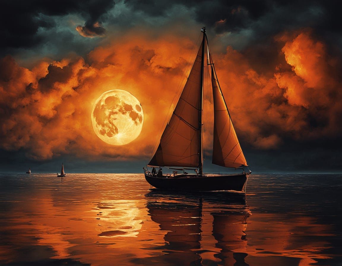 Orange Sailboat Navigates Fiery Moon: Digital Art