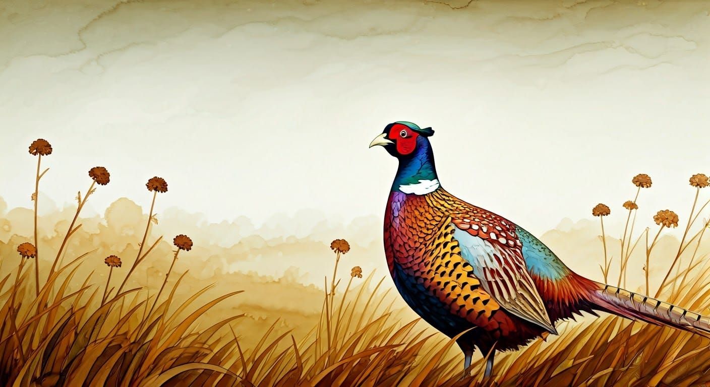 Ethereal Foggy Morning with Majestic Pheasant in Rustic Agri...