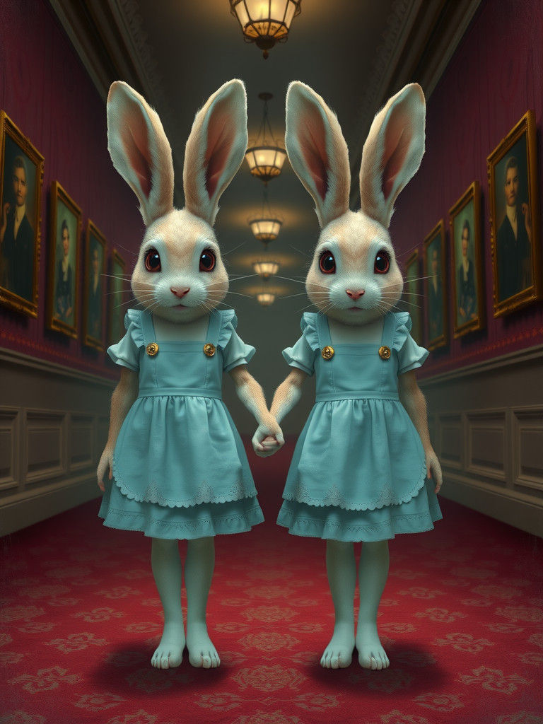 Eerie Hotel Scene with Twin Rabbit Girls