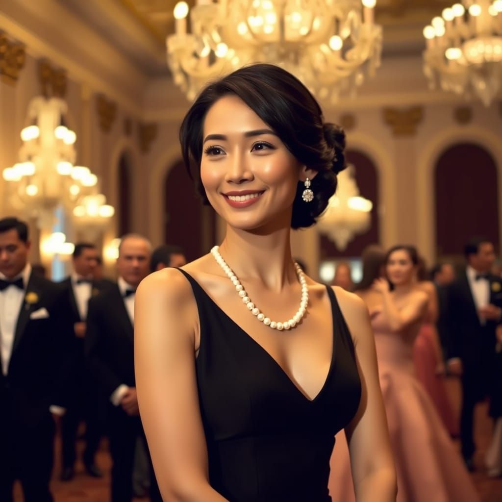 Elegant Asian Woman in Classic Black Evening Gown, High-Fash...