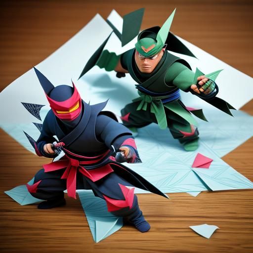 Hyperrealistic Ninja Fight in Origami Style