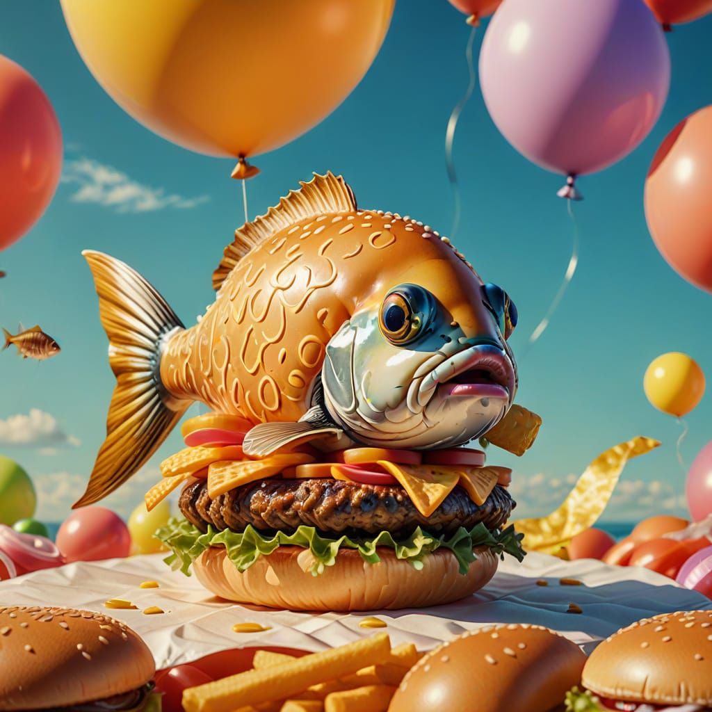 Surreal Fish Eats Hamburger by Balloon