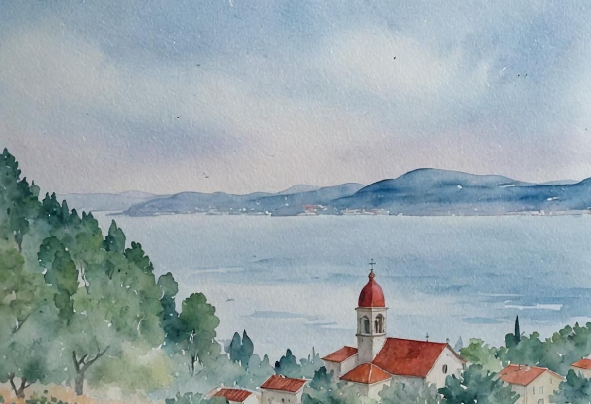 Adriatic Sea Coastal Village Watercolor Painting