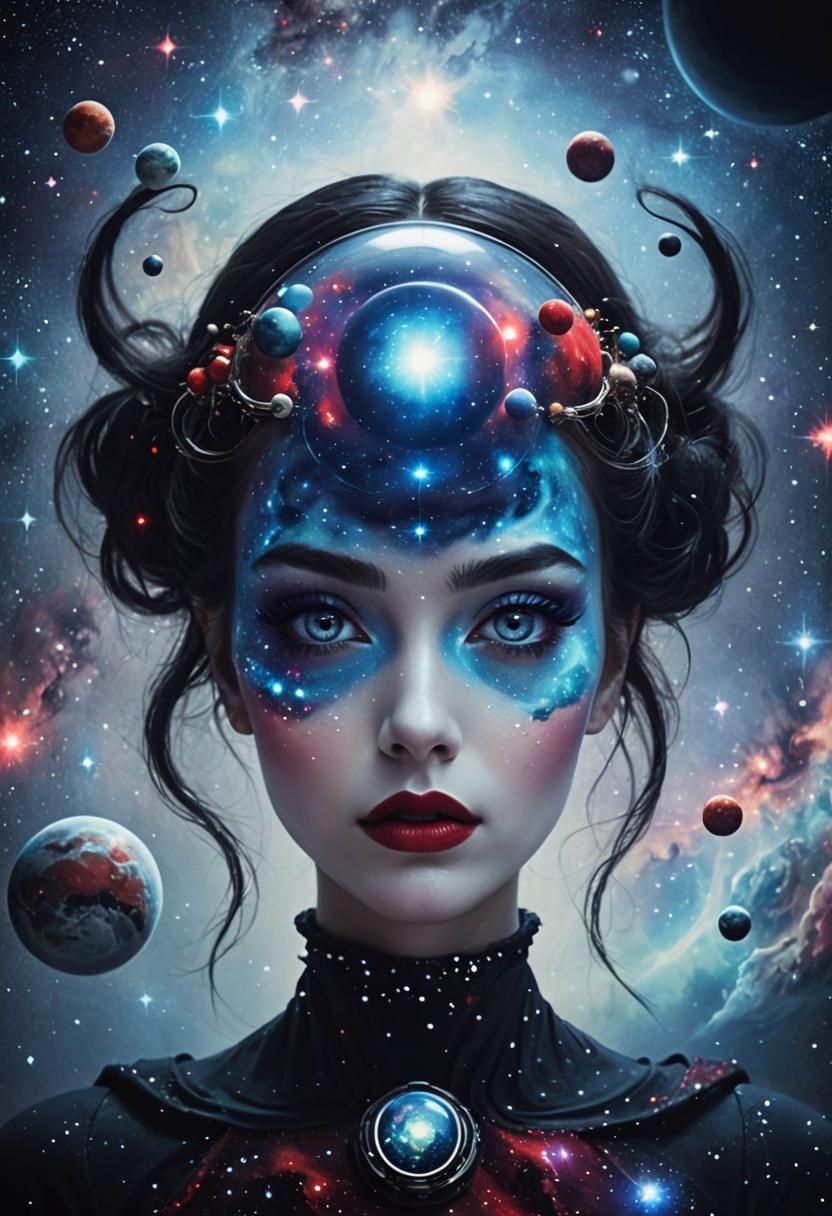Cosmic Woman with Planets and Nebula