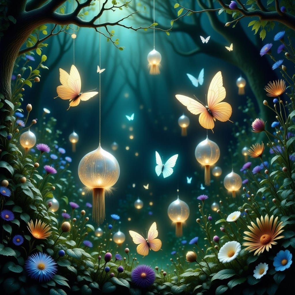Whimsical Bioluminescent Butterfly Cocoons in an Enchanted G...
