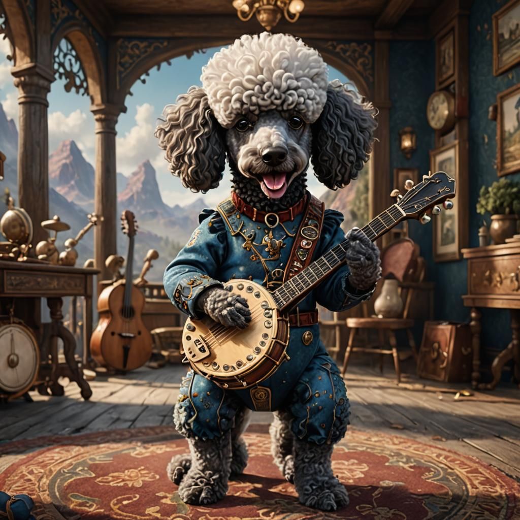 Poodle Plays Banjo in Detailed Matte Painting