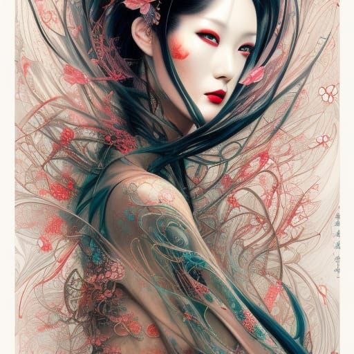 Geisha Demon in Rain with Japanese Umbrella