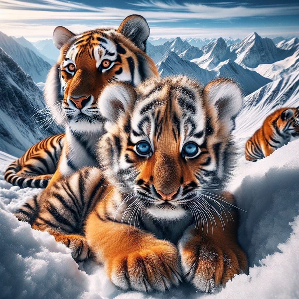 Vibrant Tiger Cub and Mother on Snowy Mountain