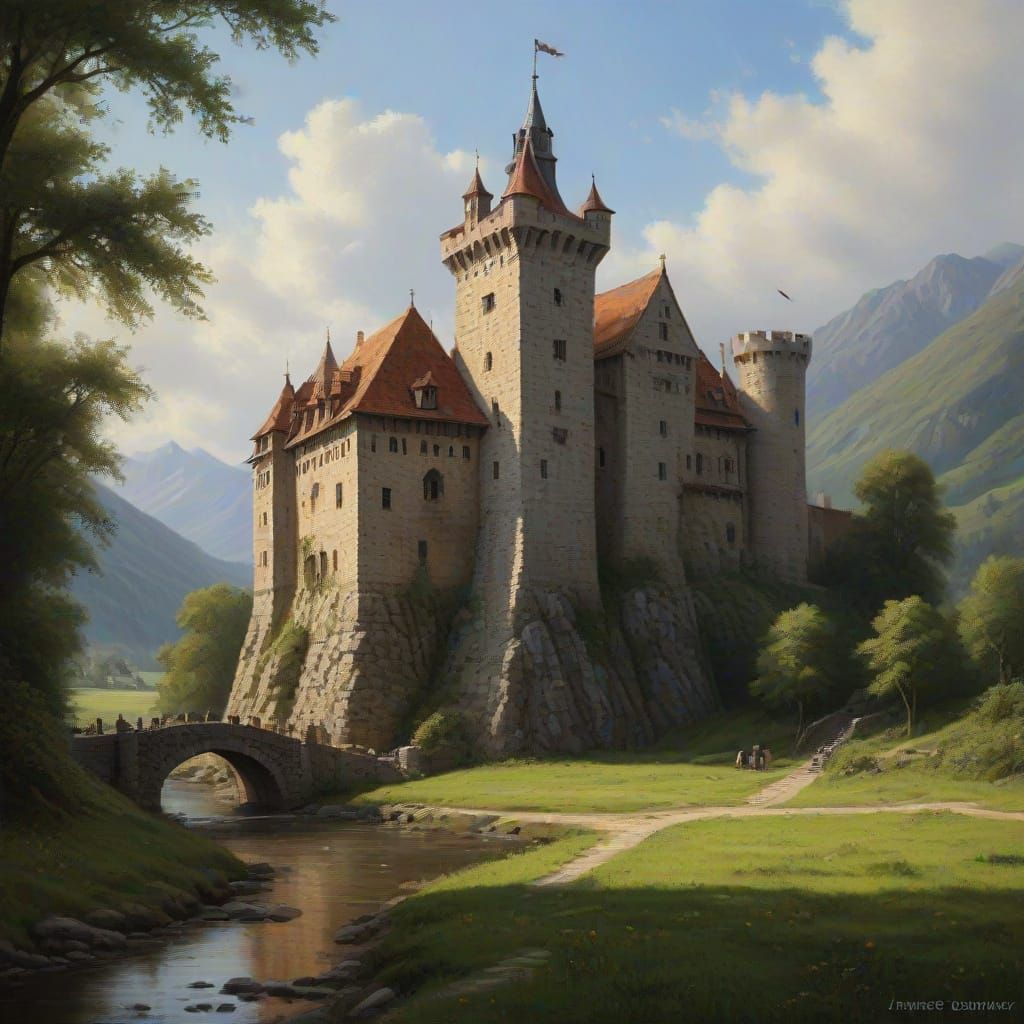 Ultra Realistic Medieval Castle Oil Painting