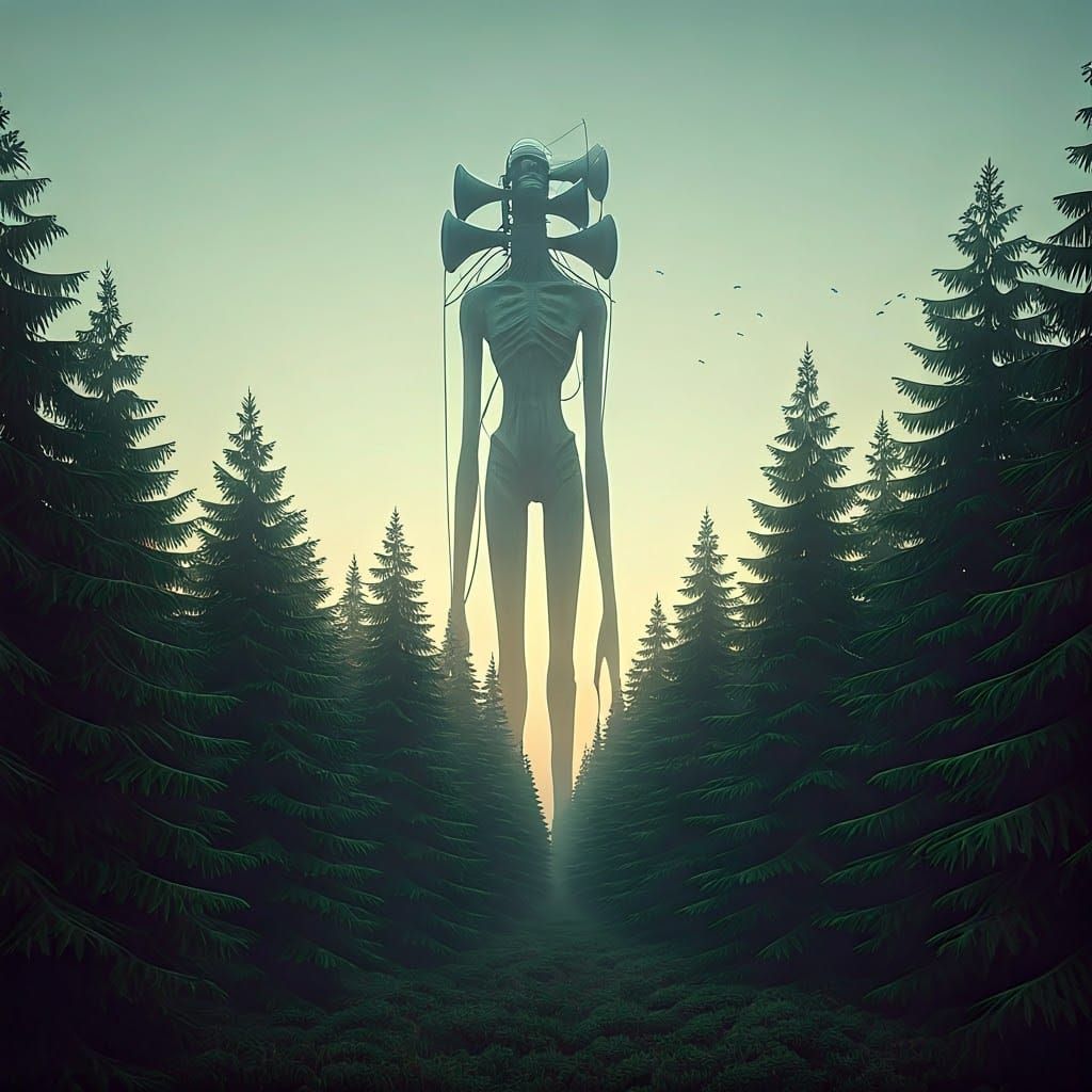 Eerie Siren-Headed Figure in Misty Landscape