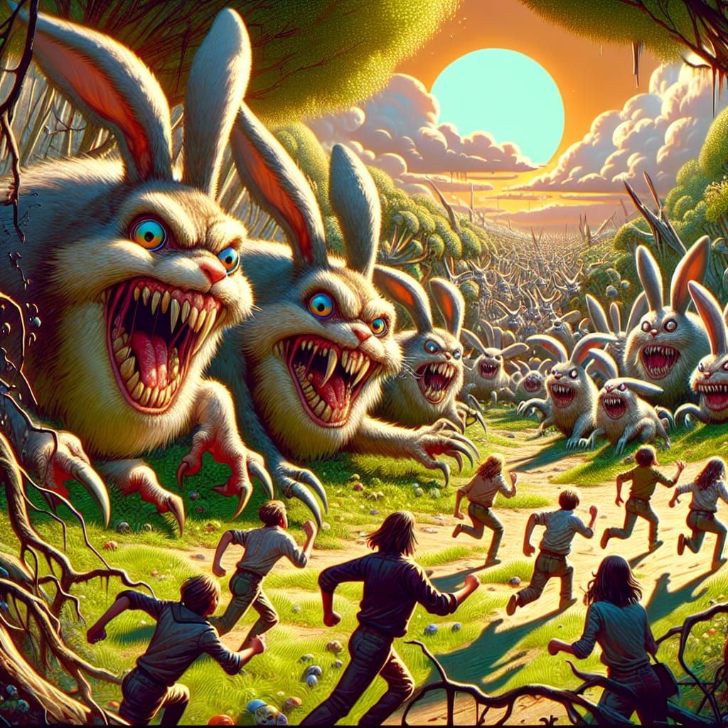 Angry Hares in Ruined Forest: Hyperrealistic Art