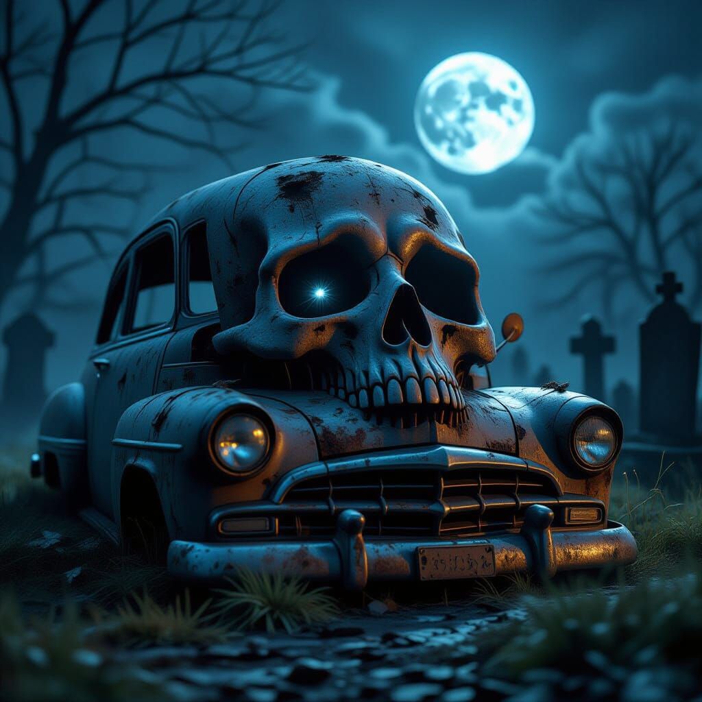 Spectral Face Car in Misty Graveyard