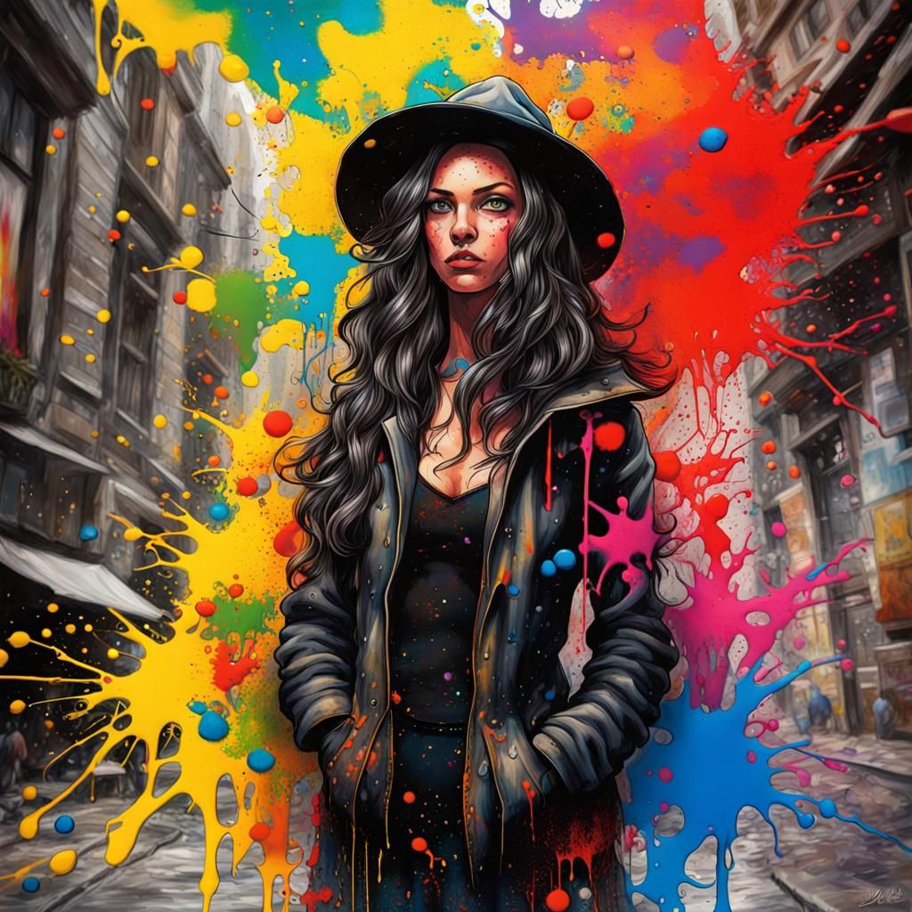 Black Witch in Urban Fairy Tale Splatter Art