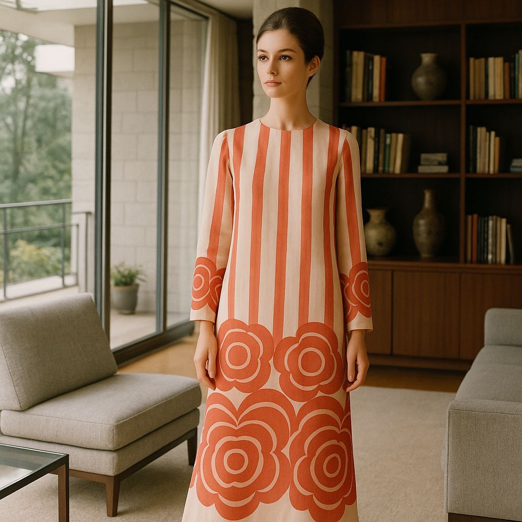 Chloé 1966 Coral Striped Dress with Floral Accents