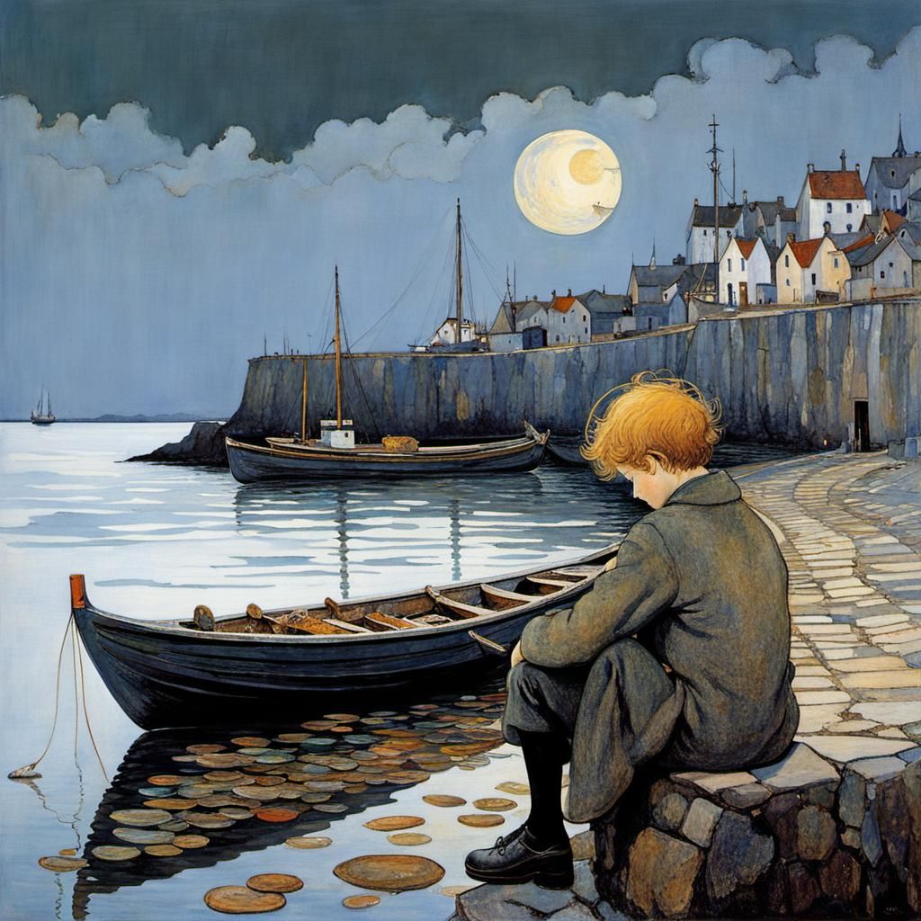 Boy Fishing at Harbor in Art Nouveau Style