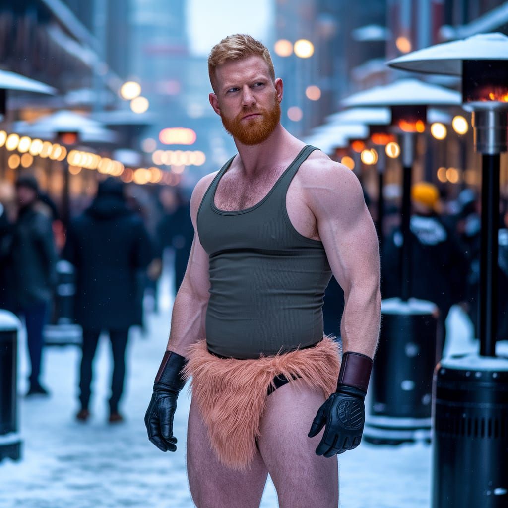 Dieselpunk Man in Snowy City Square