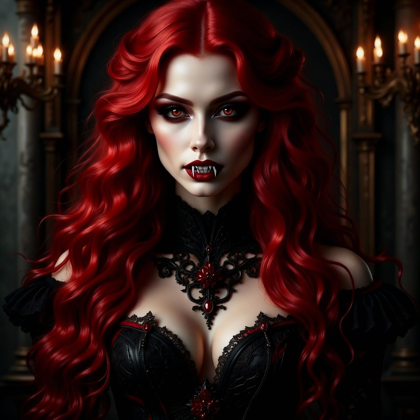 Regal Vampire Woman with Red Hair and Fangs