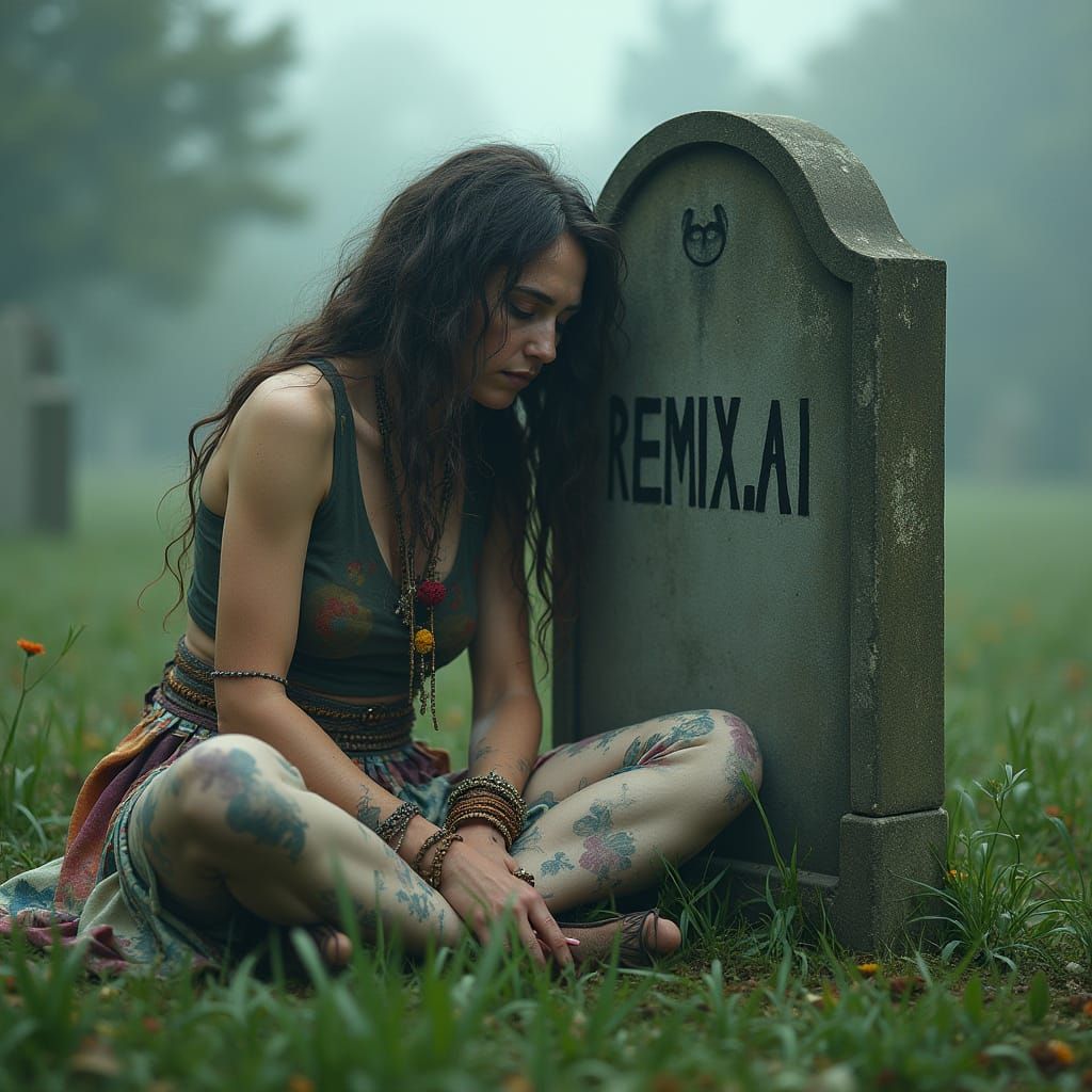 Sorrowful Woman Mourns at REMIX.AI Grave
