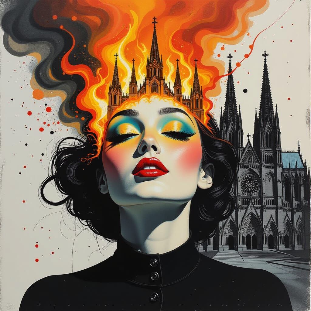 Surreal Futurist Woman in Burning Cathedral