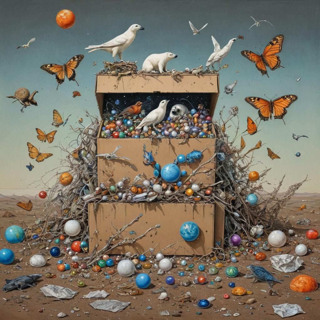 Cosmic Birds in a Whimsical Boxed Wonderland
