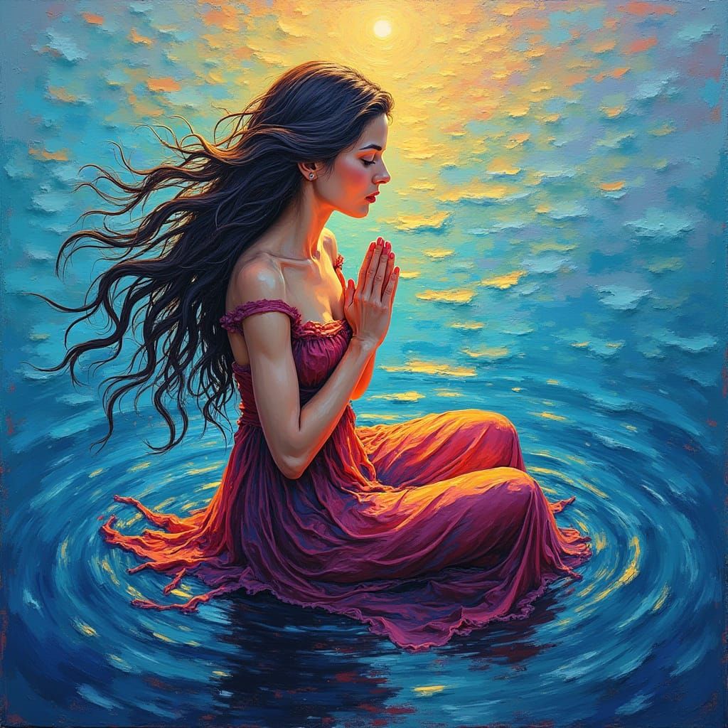 Woman in Prayer on Water as Textured Oil Painting