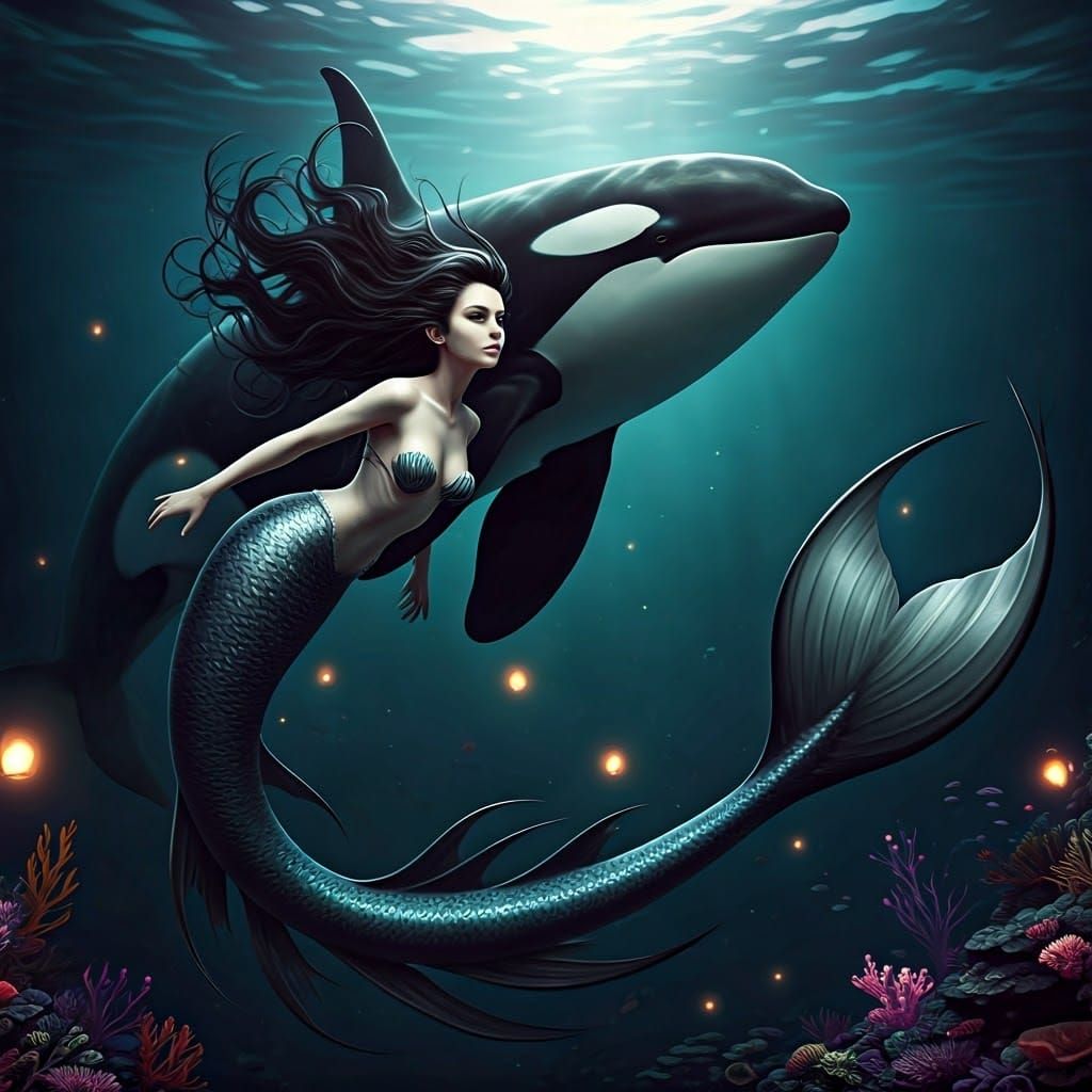 Mermaid and Killer Whale Swim Under Moonlit Ocean