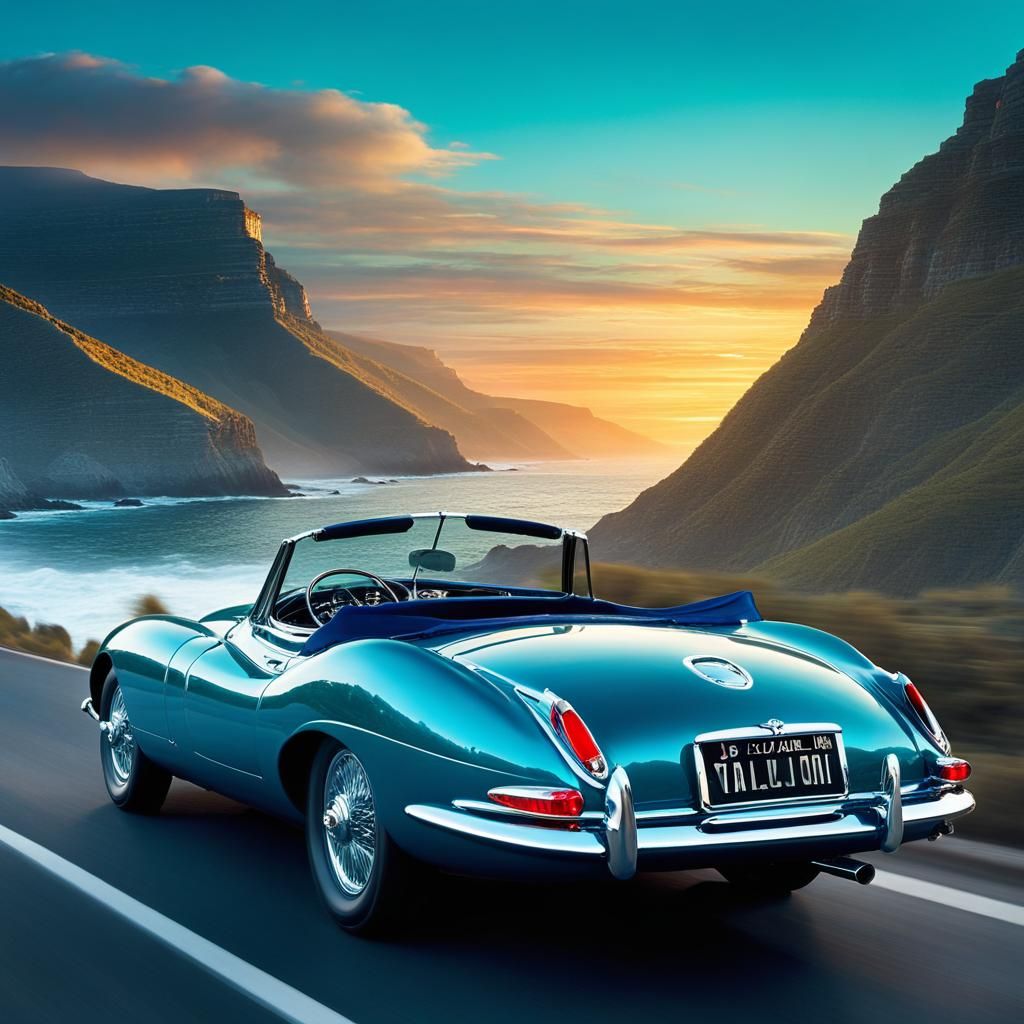 Teal Jaguar on Coastal Highway at Sunset